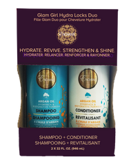 Glam Girl Hydra Locks Duo packaging with shampoo and conditioner bottles.