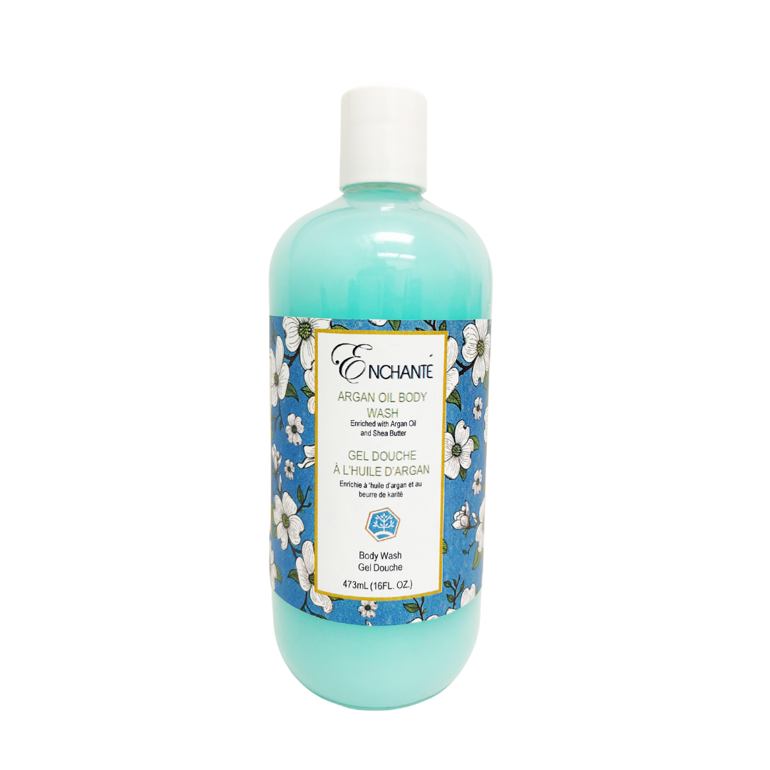Bottle of Enchante argan oil body wash with floral label